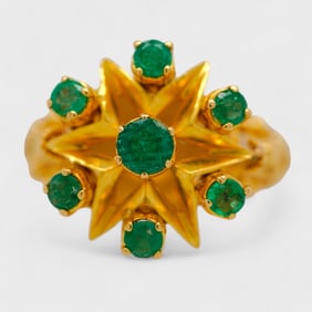 Fine 21K Yellow Gold Emerald Six Point Star Ring Size 7.5