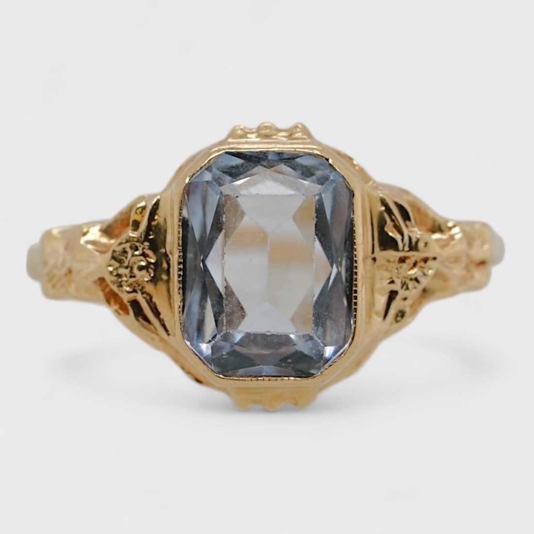 Fine 14K Yellow Gold & Blue Topaz Gemstone Ladies Ring Size 8.5: Ca. second half 20thC. Good, with minor edge abrasions to the gemstone as shown. Weighs approx. 2.8 grams. Stone measures approx. 9 mm x 7 mm. Marked 14K.For shipping, please reach out to Donald Camde