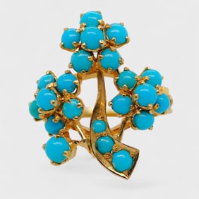 Fine 21K Yellow Gold & Persian Blue Turquoise Flowers on Branch Ring Size 5.25