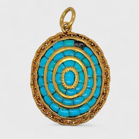 Fine 18K Yellow Gold & Persian Blue Turquoise Oval Hair Locket Pendant w/ Rope Border