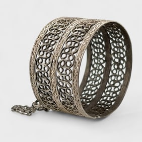 Vintage Filigree Silver Tribal Bracelet w/ Pin