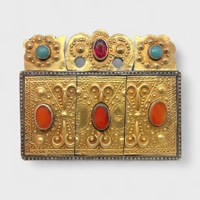 Vintage Turkmen Yemeni Gold Over Silver Amulet Pendant w/Glass Stones Koran Holder