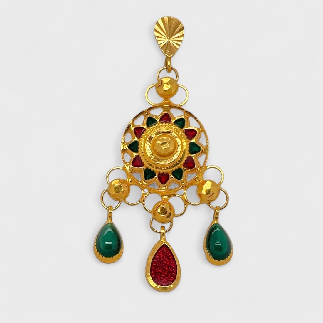 Fine 21K Yellow Gold Green & Red Enamel Round Pendant w/Tear Drops (1 of 2)