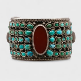 20thC Silver Tribal Asian Cuff w/Green & Blue Turquoise Stones Pave Set