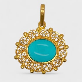 Fine 18K Yellow Gold Persian Sky Blue Turquoise Filigree Pendant