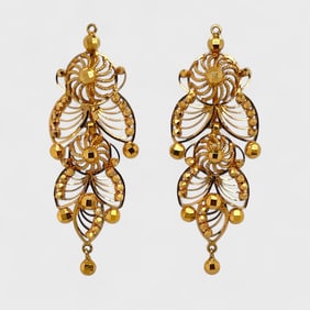 Fine 21K Yellow Gold Filigree Pierced Dangle Earrings