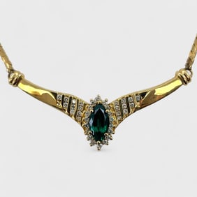 Fine 14K Yellow Gold Green & White Gemstone Necklace