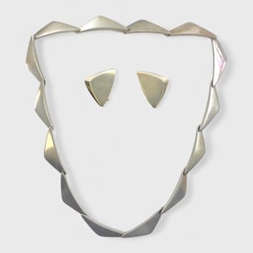 Georg Jensen Danish Sterling Silver 1960s "Peak" Necklace & Earring Set Designed by Hans Hansen