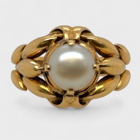 Fine 21K Yellow Gold & 7.5 mm Pearl Statement Ring Size 7