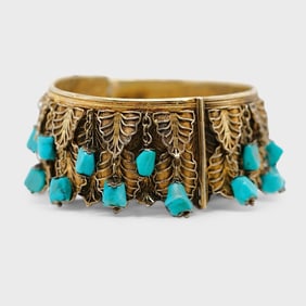 Vintage Gilt Silver & Turquoise Nugget Hinged Wide Cuff Bracelet w/ Leaf Design