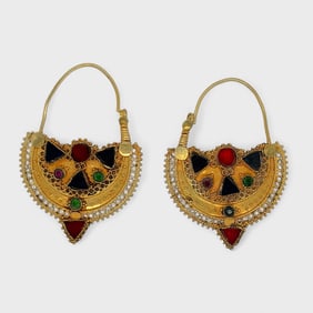 Fine 21K Yellow Gold "Gemstone" Etruscan Style Pierced Earrings From India