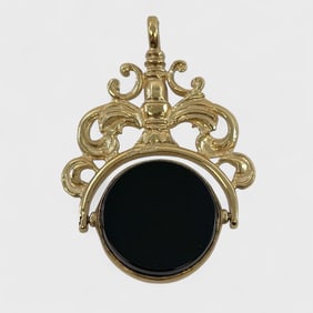 Antique English Solid 9K Yellow Gold Watch Fob w/ Onyx & Blood Stone Spinner