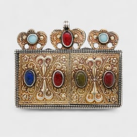 Vintage Turkmen Yemeni Amulet Pendant w/Glass Stones Quran Holder Goldwashed Pendant