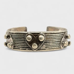 Vintage Turkmen Silver Heart Cuff Bracelet
