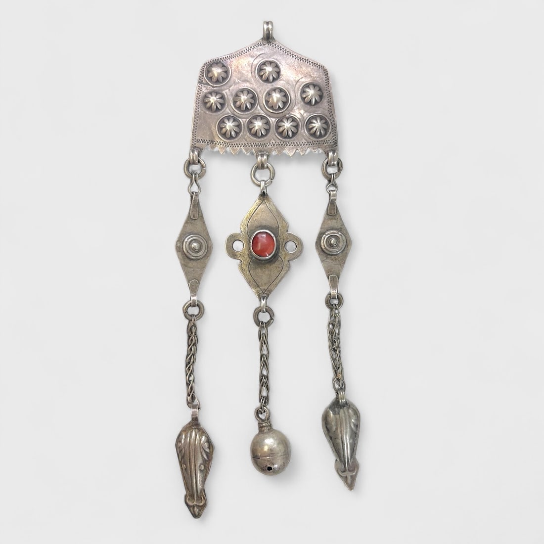 Vintage Bedouin Tribal Silver & Carnelian Dangle Pendant w/ Bells: Weighs 31.4 grams. Measures approx. 7 inches long x 2 3/8 inches wide. Good condition w/ age appropriate surface wear throughout. Ca. first half 20th C. For shipping, please reach out to Donald Camden