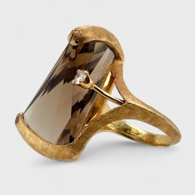Fine 14K Yellow Gold Modernist Smoky Quartz & Diamond Cocktail Ring Size 5