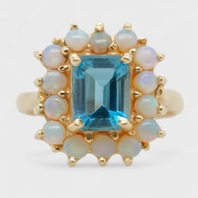 Fine 14K Yellow Gold Blue Topaz & Opal Halo Ring Size 6