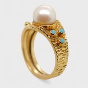 Fine 18K Yellow Gold Cultured Pearl & Simulated Turquoise Ladies Ring Size 5.5