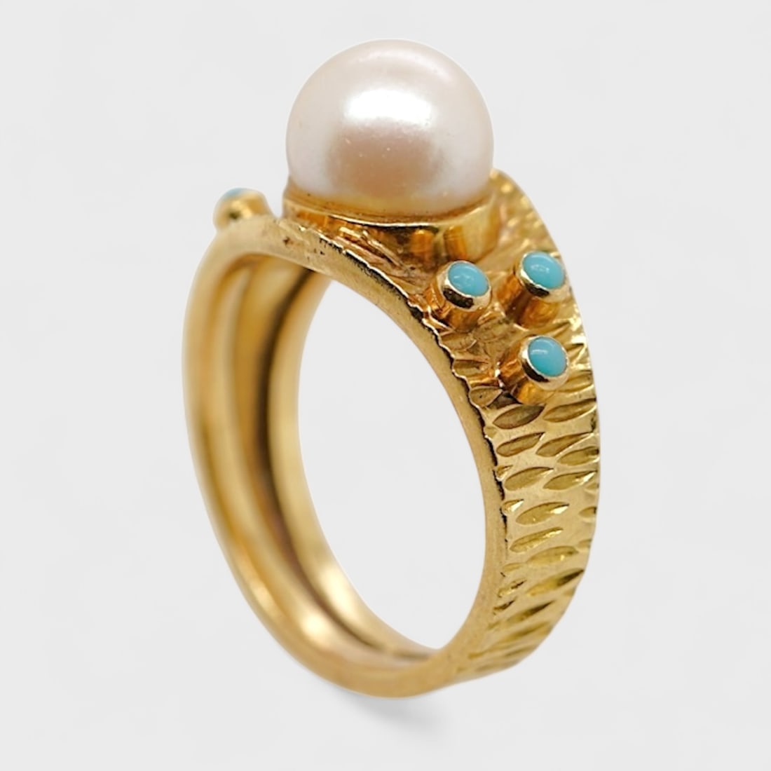 Fine 18K Yellow Gold Cultured Pearl & Simulated Turquoise Ladies Ring Size 5.5 (1 of 3)