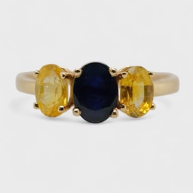 Fine 14K Yellow Gold Three Stone Blue & Yellow Sapphire Ladies Gemstone Ring Size 7