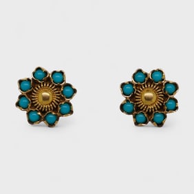 Fine 18K Yellow Gold Simulated Turquoise Petal Form Pierced Screwback Earrings