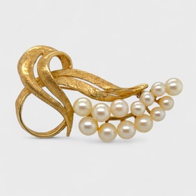Fine 14K Yellow Gold Pearl Organic Brooch Pin