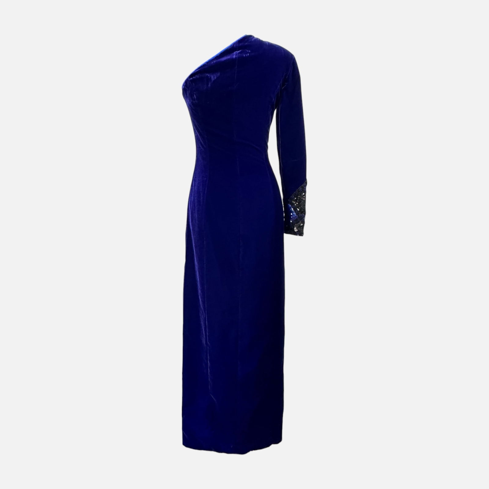 Vintage Escada Couture Velvet Sequin One Sleeve Dress: Ca. late 20thC. European size 34.For shipping, please reach out to Donald Camden at UPS Store 4608 or elect for integrated shipping with LiveAuctioneers LiveShipping. Alternatively, reach out to one o