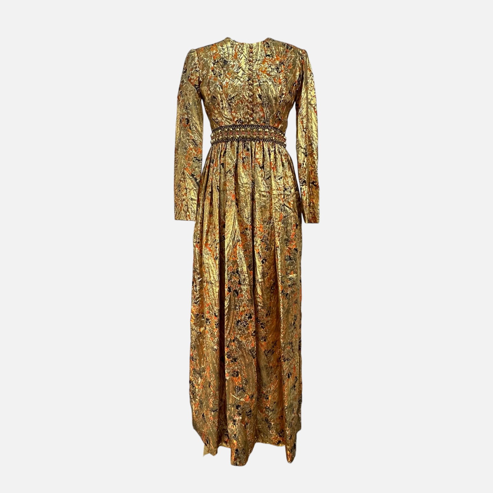Vintage I. Magnin Metallic Gold Rhinestone Long Sleeve Dress: Ca. second half 20thC. Size 40. For shipping, please reach out to Donald Camden at UPS Store 4608 or elect for integrated shipping with LiveAuctioneers LiveShipping. Alternatively, reach out to one of