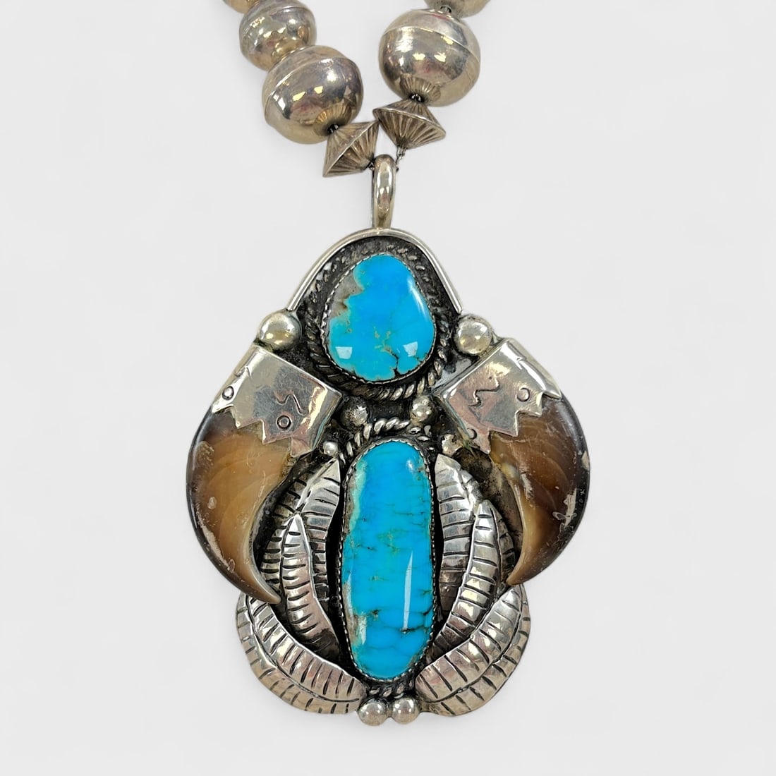Native American Navajo Pawn Silver Turquoise & Bear Claw Large Pendant Necklace w/Bicone Beads (1 of 4)