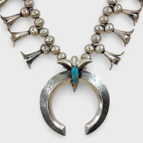 Fine Native American Turquoise & Pawn Silver Navajo Squash Blossom Pendant Necklace