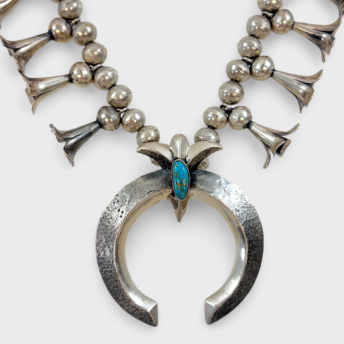 Fine Native American Turquoise & Pawn Silver Navajo Squash Blossom Pendant Necklace (1 of 4)