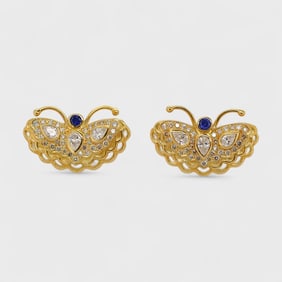 Sazingg 18K Yellow Gold Diamond & Sapphire Figural Flying Butterfly Pierced Earrings