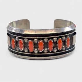 Native American Red Coral Pawn Silver Cuff Bracelet Signed JS