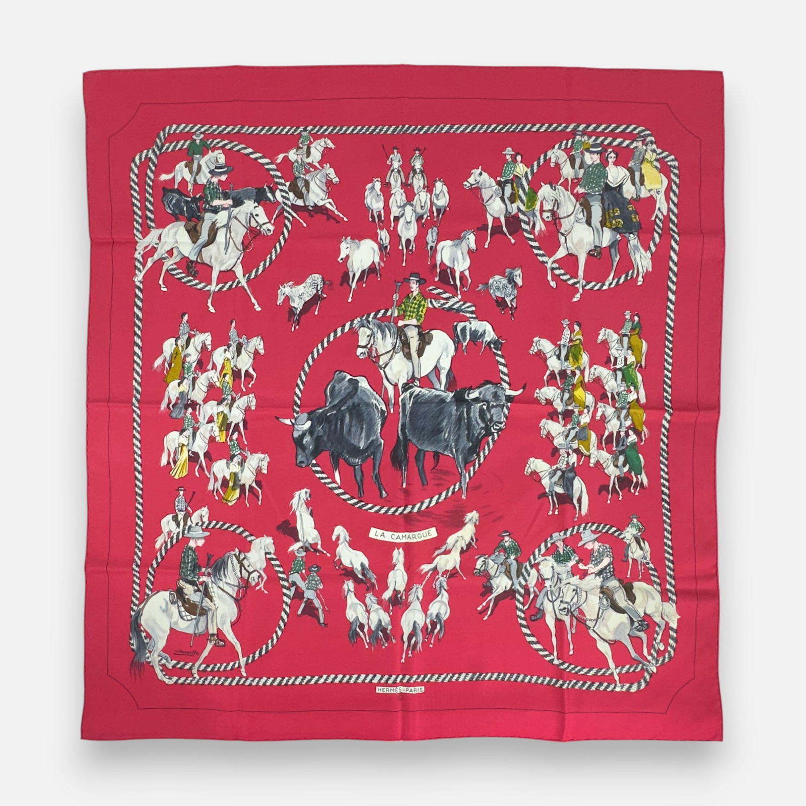Vintage Hermes "La Camargue" 90cm Silk Scarf: Very good, with a few minor scuffs.For shipping, please reach out to Donald Camden at UPS Store 4608 or elect for integrated shipping with LiveAuctioneers LiveShipping. Alternatively, reach out to one