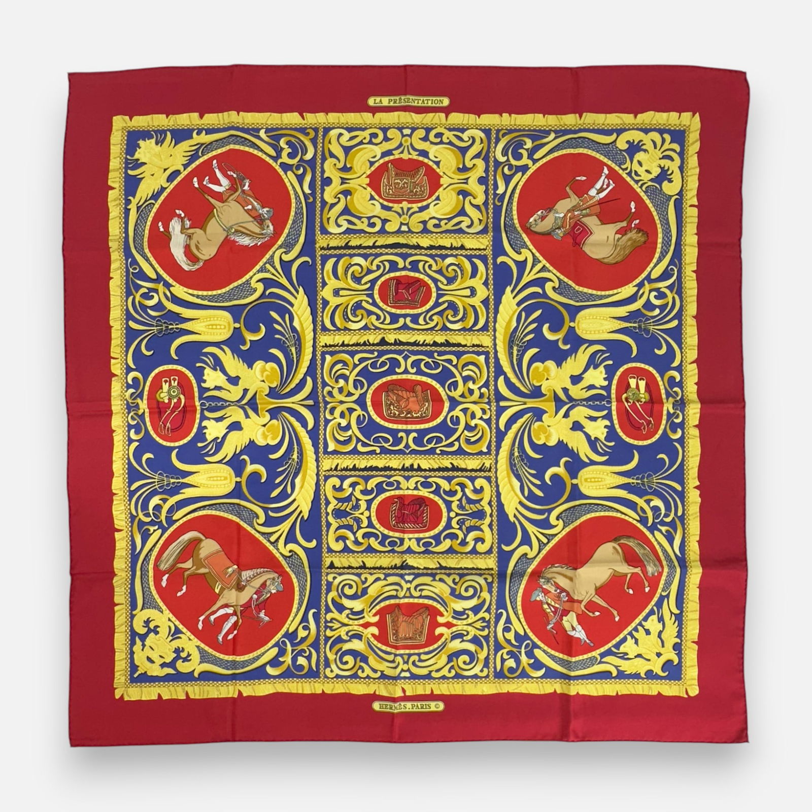 Vintage Hermes "Presentations" 90cm Silk Scarf: Very good condition.For shipping, please reach out to Donald Camden at UPS Store 4608 or elect for integrated shipping with LiveAuctioneers LiveShipping. Alternatively, reach out to one of our preferr
