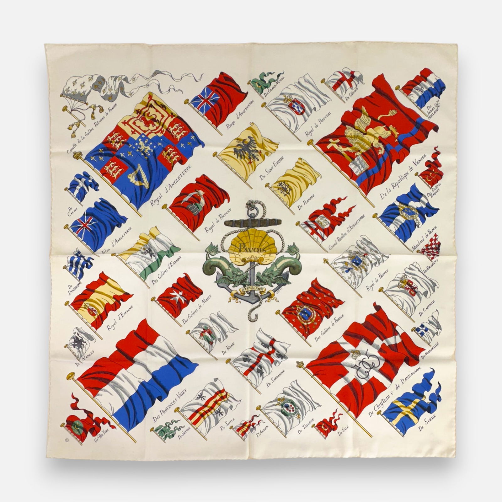 Vintage Hermes "Pavois" 90cm Silk Scarf: Fair, with some minor spots of discoloration, small pull to silk over Danish flag.For shipping, please reach out to Donald Camden at UPS Store 4608 or elect for integrated shipping with LiveAuctioneer