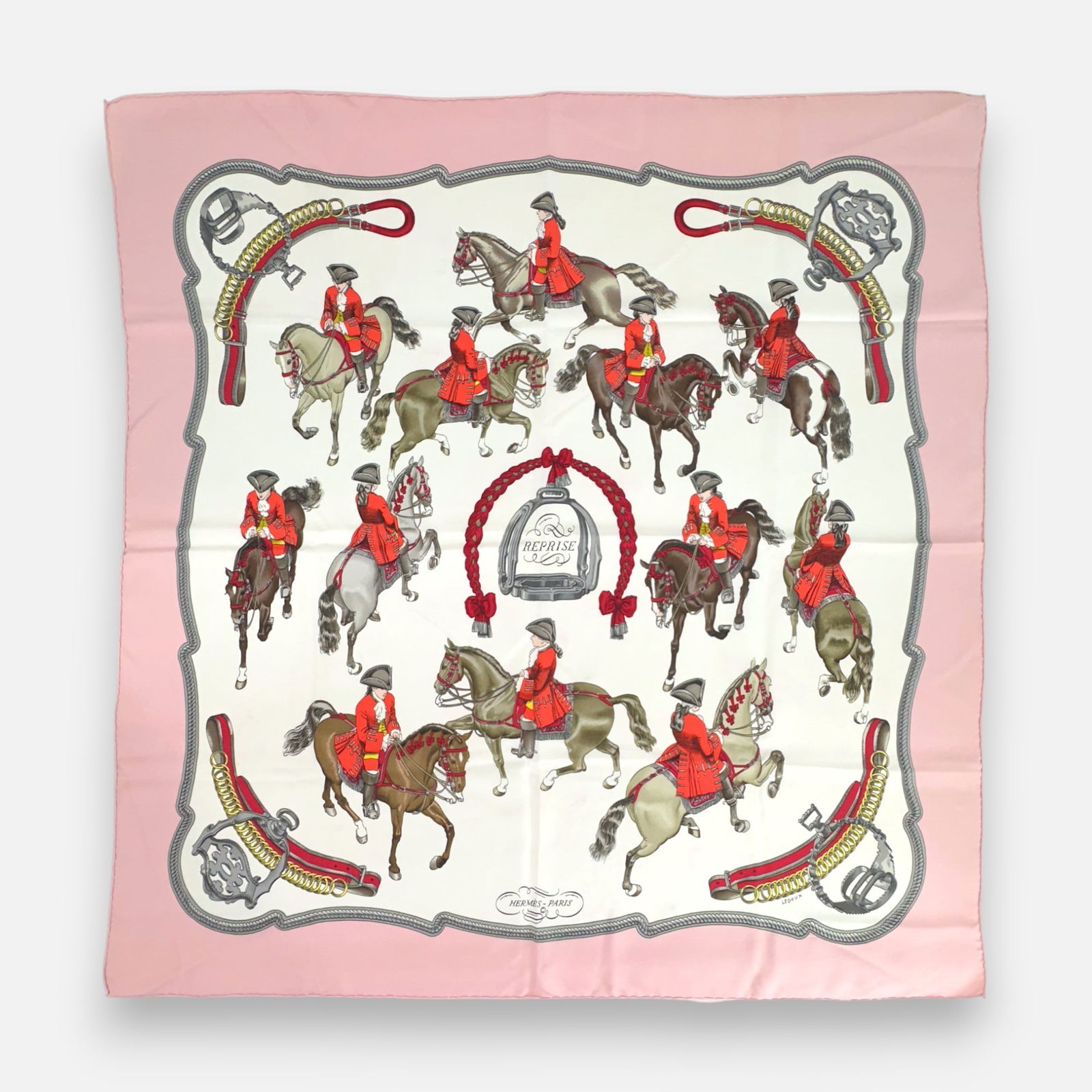 Vintage Hermes "Reprise" 90cm Silk Scarf: Good, with shown central spot of discoloration.For shipping, please reach out to Donald Camden at UPS Store 4608 or elect for integrated shipping with LiveAuctioneers LiveShipping. Alternatively, reac