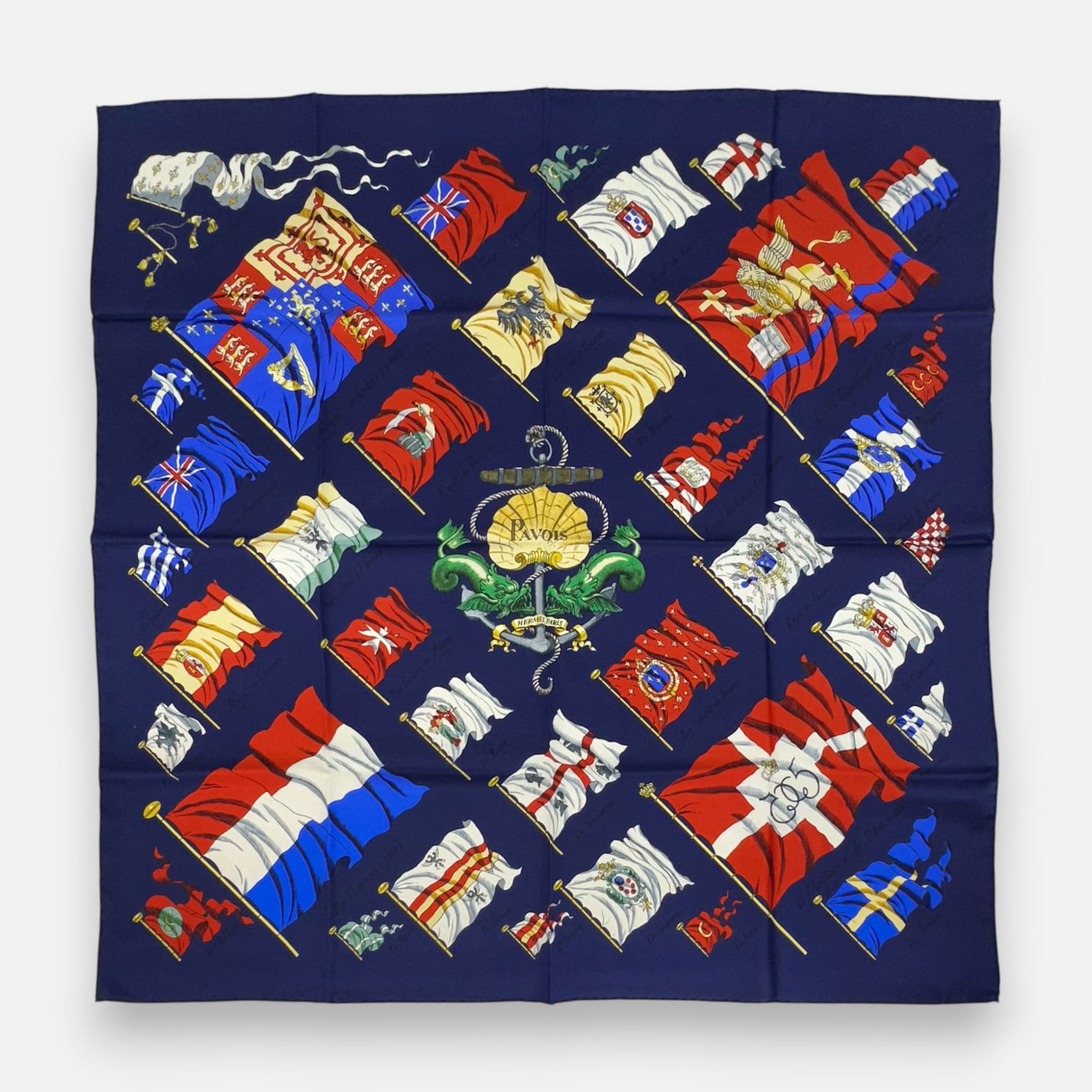 Vintage Hermes "Pavois" 90cm Silk Scarf: Very good condition.For shipping, please reach out to Donald Camden at UPS Store 4608 or elect for integrated shipping with LiveAuctioneers LiveShipping. Alternatively, reach out to one of our preferr