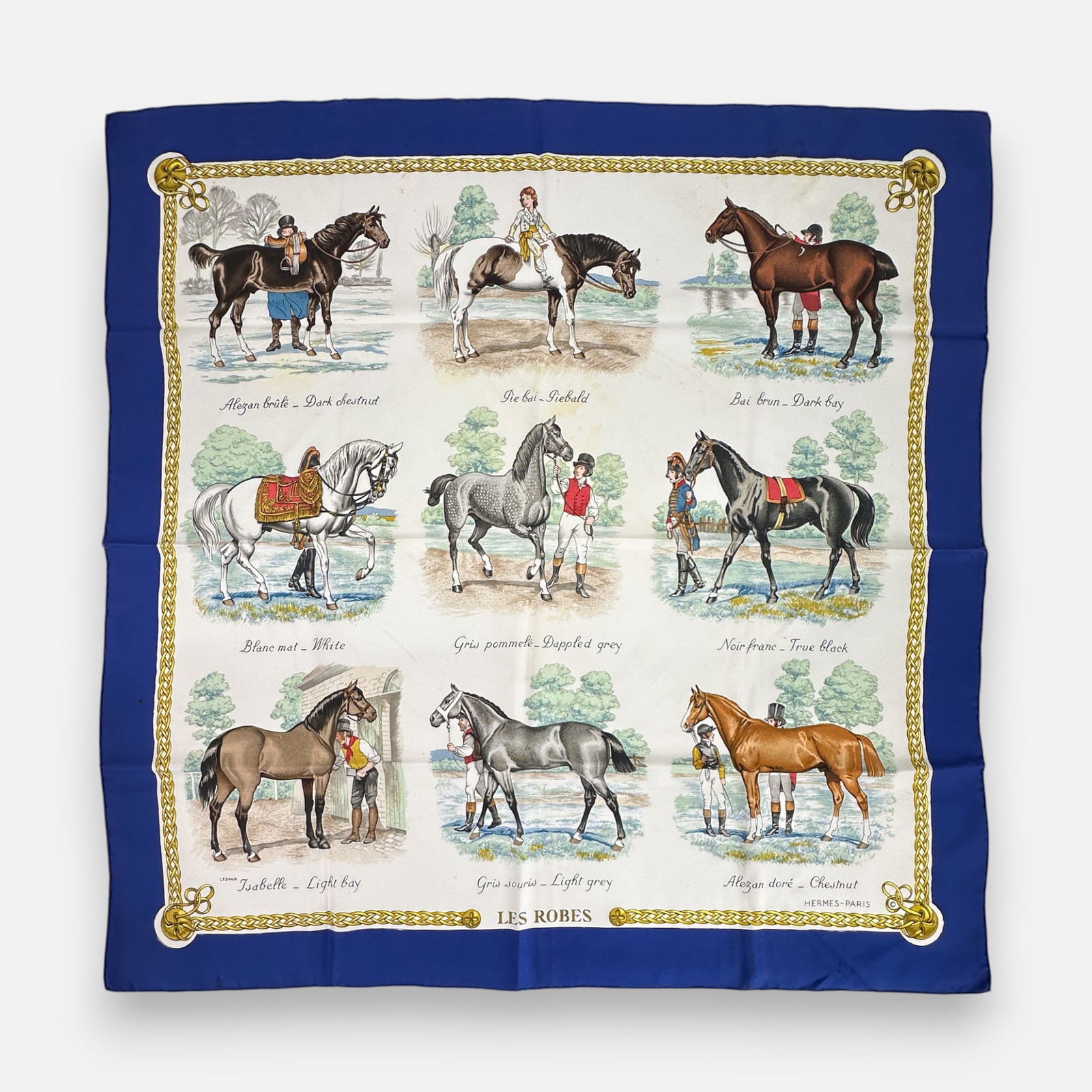 Vintage Hermes "Les Robes" 90cm Silk Scarf: Fair condition, with shown discoloration.For shipping, please reach out to Donald Camden at UPS Store 4608 or elect for integrated shipping with LiveAuctioneers LiveShipping. Alternatively, reach out