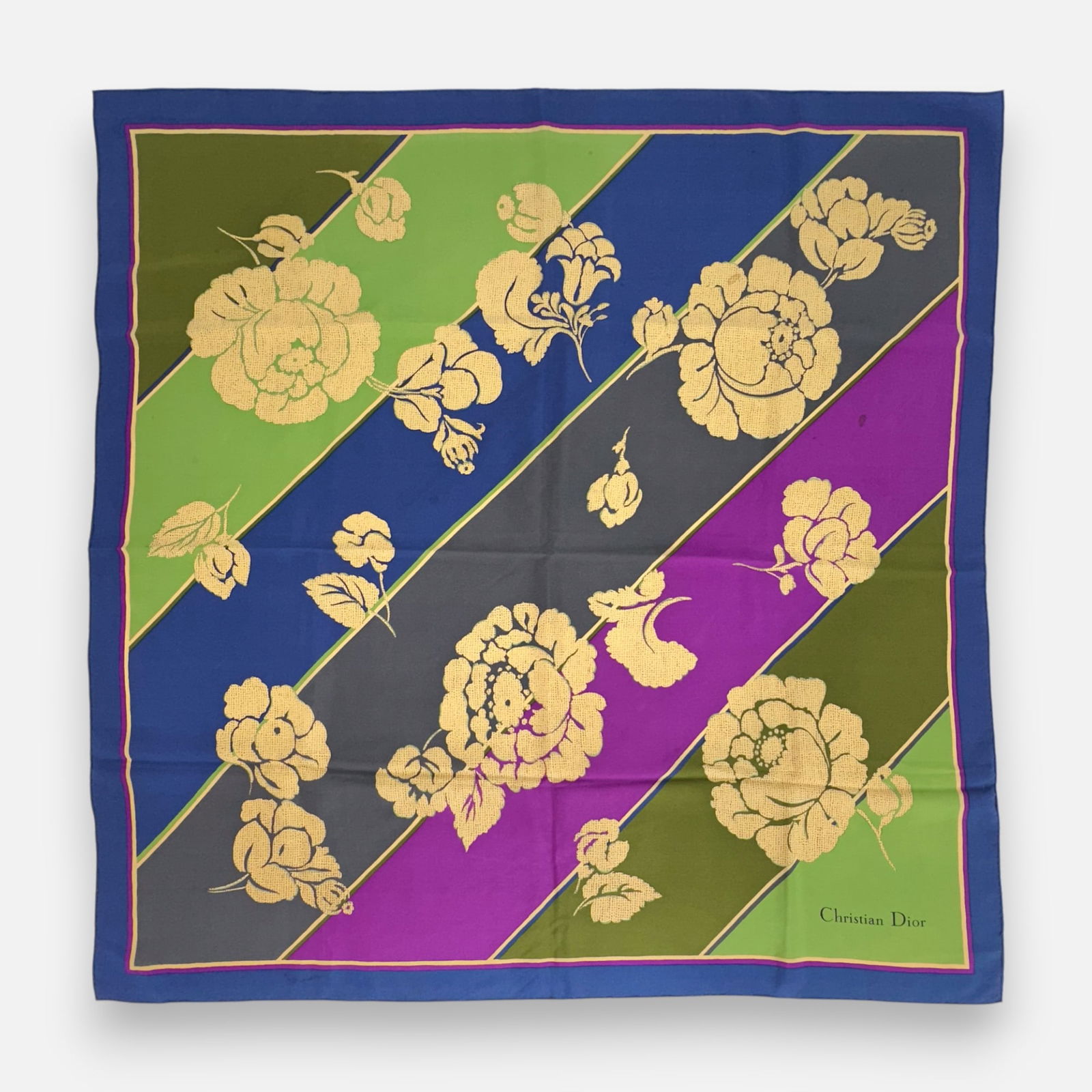 Vintage Christian Dior Floral Silk Scarf: Fair to good with some spots of discoloration as shown.For shipping, please reach out to Donald Camden at UPS Store 4608 or elect for integrated shipping with LiveAuctioneers LiveShipping. Alternative