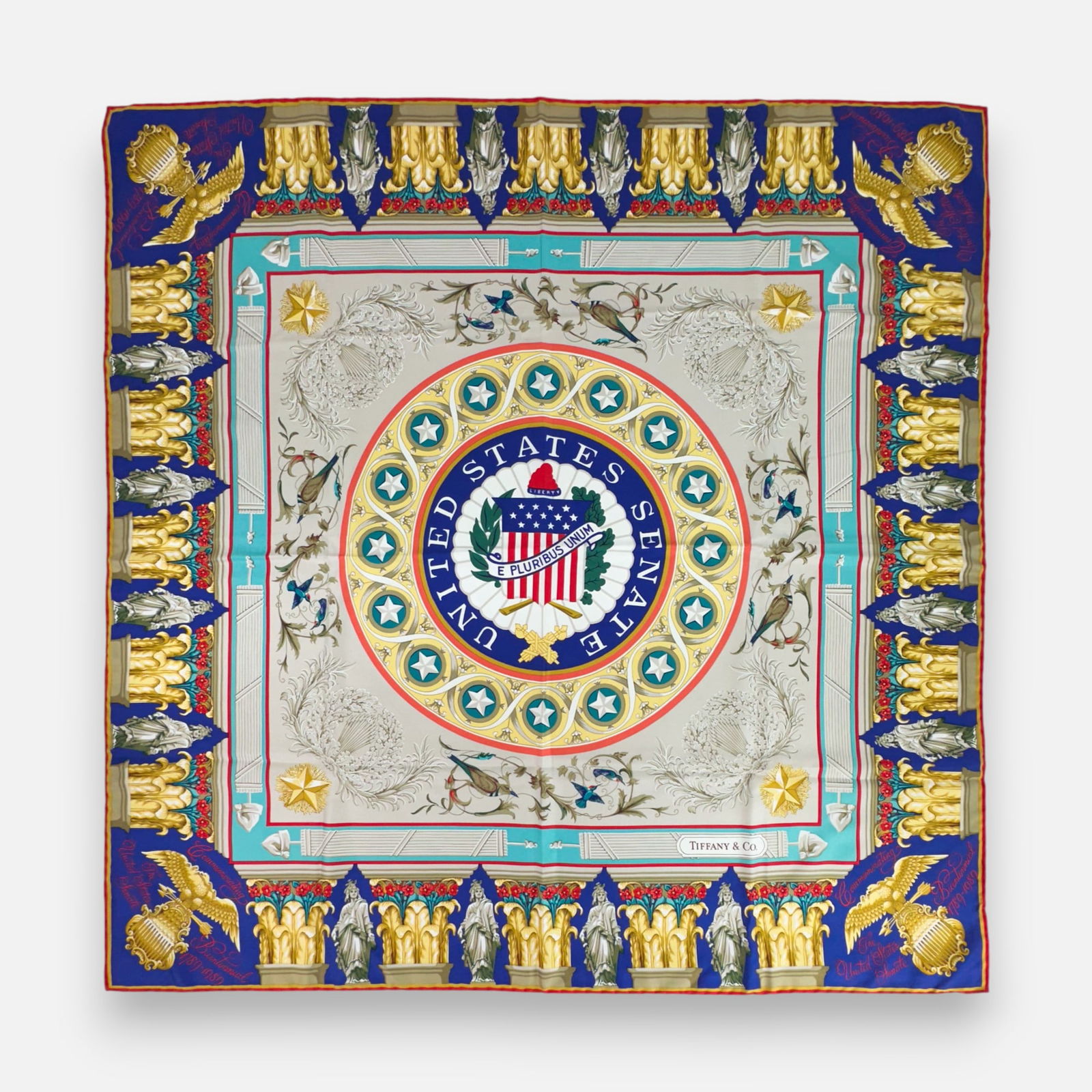 Vintage Tiffany & Co "US Senate Bicentennial" Silk Scarf: Very good condition.For shipping, please reach out to Donald Camden at UPS Store 4608 or elect for integrated shipping with LiveAuctioneers LiveShipping. Alternatively, reach out to one of our preferr