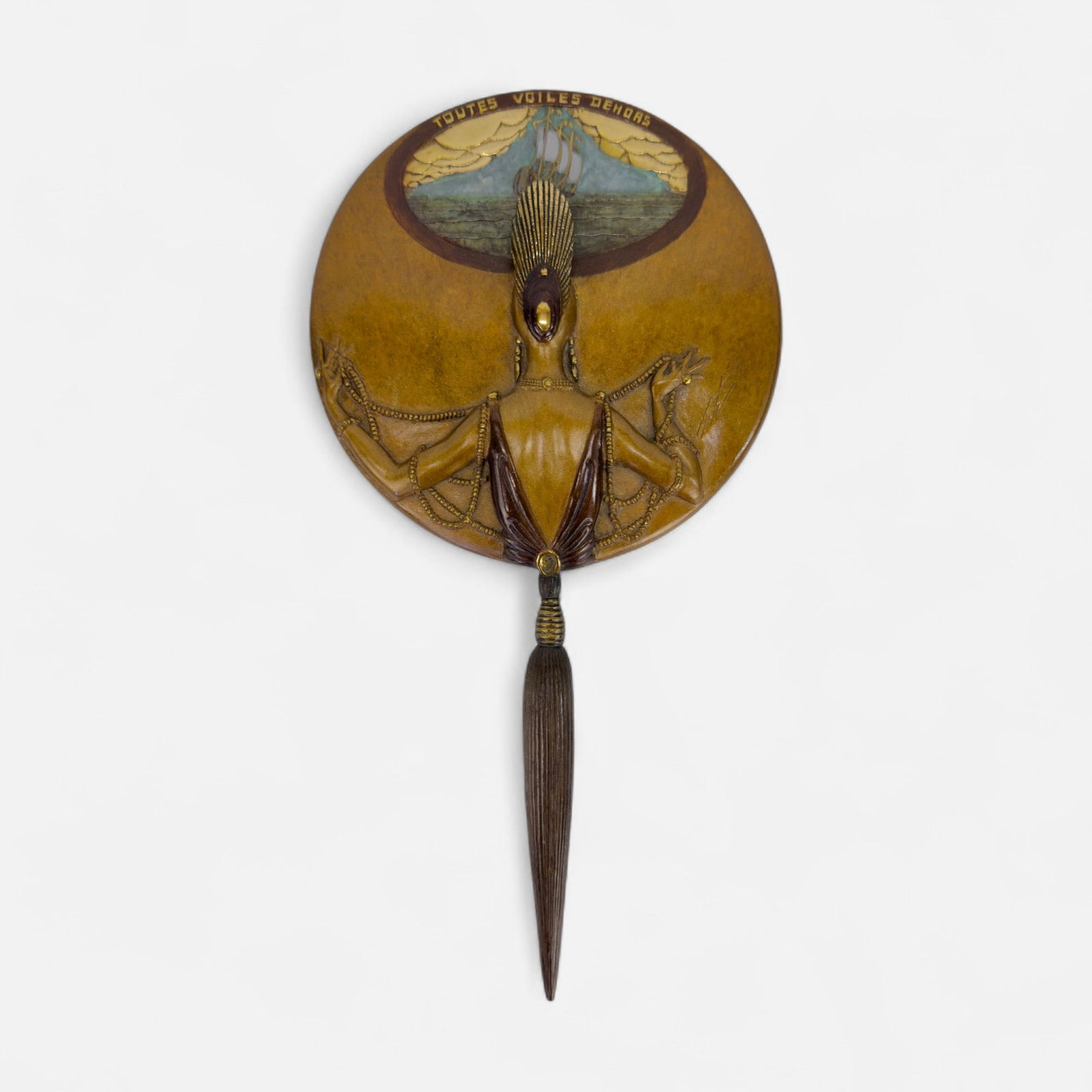 Erte "All Sails Up" 1985 Art Deco Style Bronze Vanity Hand Mirror w/Box: Erte Toutes Voiles Dehors Bronze hand mirror. Artist Romain de Tirtoff, known by his pseudonym Erte. This item is in excellent condition as shown. Dated 1985 and numbered #191/250 to edge of mirror.Fo