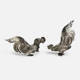 Old Belgian .835 Solid Silver Figural Fighting Cocks Rooster Pair