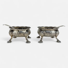 David & Robert Hennell Antique 18thC English Sterling Silver Open Salt Cellars w/Spoons