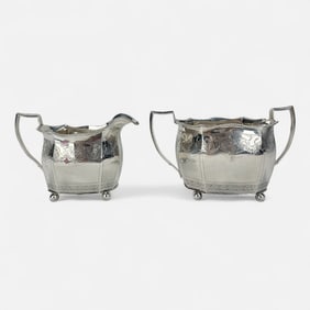 English Antique Engraved Sterling Silver Sugar Bowl and Creamer w/Ball Feet