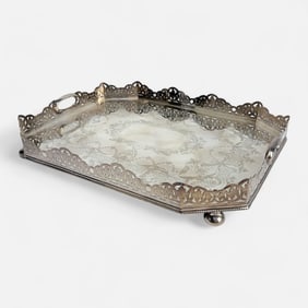 John Round & Son English Antique Sheffield Silver Plate Butlers Tray w/Reticulated Gallery