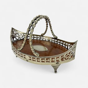 Antique Continental Silverplate & Wood Footed Fruit Bowl Gallery Basket w/Handle