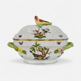 Herend Rothschild Hand Painted Porcelain Tureen w/Bird Finial Handle