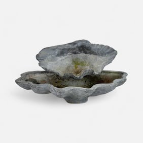 Antique Cast Lead Ornamental Garden Fountain Double-Tiered Scalloped Clamshell Bird Bath