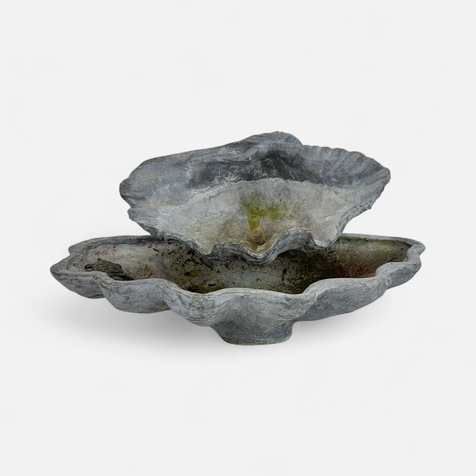 Antique Cast Lead Ornamental Garden Fountain Double-Tiered Scalloped Clamshell Bird Bath (1 of 6)